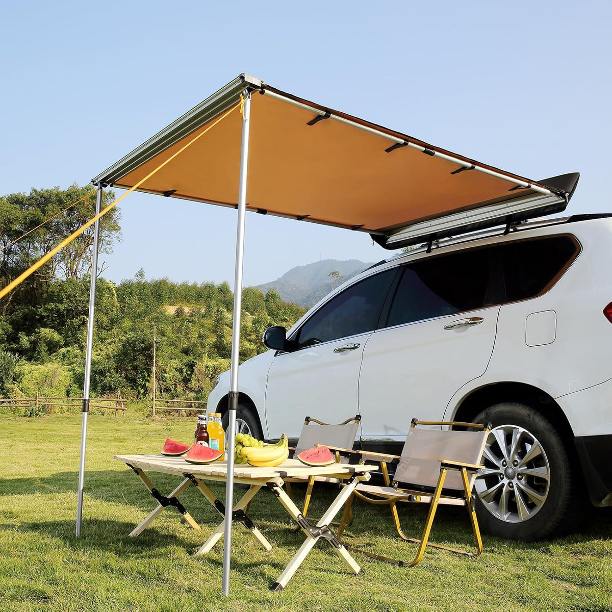 Vehicle Awning 4.6'X6.6' Roof Rack Pull-Out Sun Shade UV50+ Pu3000Mm, Retractable Weatherproof 4X4 Side Awning for SUV Outdoor Camping & Overland (Hardware Included), W/Waterproof Storage Bag