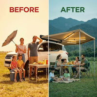270 Degree Awning with Bulit-In LED Light 3 Colors, 133 Sq.Ft Driver Side Vehicle Awning, UV50+ Waterproof Car Side Awnings, All-Weather Overland Awnings Car Shelter for SUV Truck Camping — Before & After