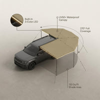 270 Degree Awning with Bulit-In LED Light 3 Colors, 133 Sq.Ft Driver Side Vehicle Awning, UV50+ Waterproof Car Side Awnings, All-Weather Overland Awnings Car Shelter for SUV Truck Camping — infographic