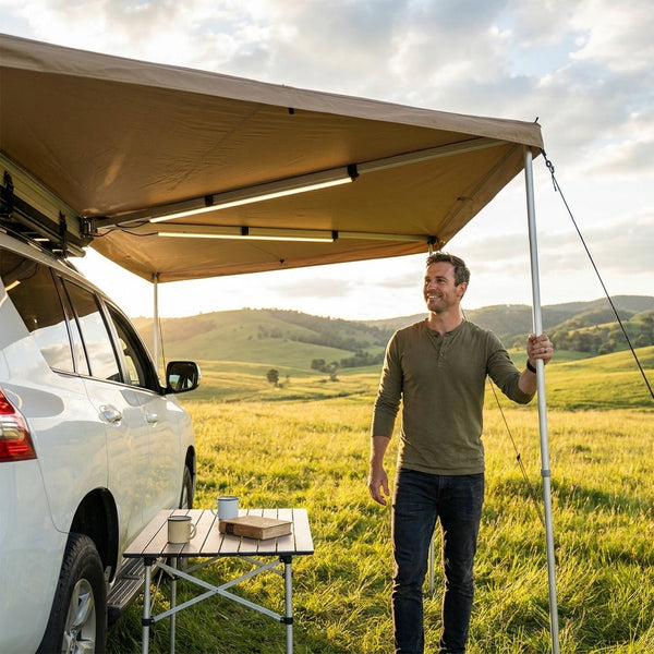 Car Awning Designed for All-Weather Camping, 270 Degree Coverage, Built-In LED Lights, UV50+ Waterproof