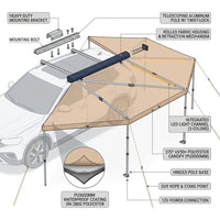 270 Degree Awning with Bulit-In LED Light 3 Colors, 133 Sq.Ft Driver Side Vehicle Awning, UV50+ Waterproof Car Side Awnings, All-Weather Overland Awnings Car Shelter for SUV Truck Camping — How It Works