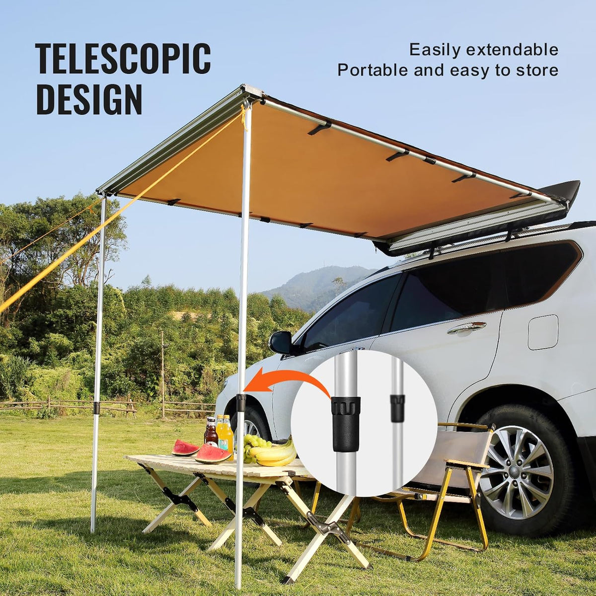 Vehicle Awning 4.6'X6.6' Roof Rack Pull-Out Sun Shade UV50+ Pu3000Mm, Retractable Weatherproof 4X4 Side Awning for SUV Outdoor Camping & Overland (Hardware Included), W/Waterproof Storage Bag