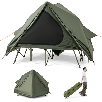 Foldable 2-Person Camping Cot Tent with Pop-up Tent Shelter and Portable Wheeled Bag-Green