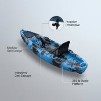 Pedal Fishing Kayak Built for Hands-Free Angling, 9.5ft Modular Design, 380lb Capacity, Propeller Drive System — infographic