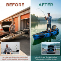 Raptor Modular Fishing Kayak, 9.5Ft, 380 Lbs Capacity | Cyan Gray, Pedal Kayaks for Adults & Youth, Sit on Top, Lightweight, Portable, Fits in Trunks & Closets, Gear Storage — Before & After