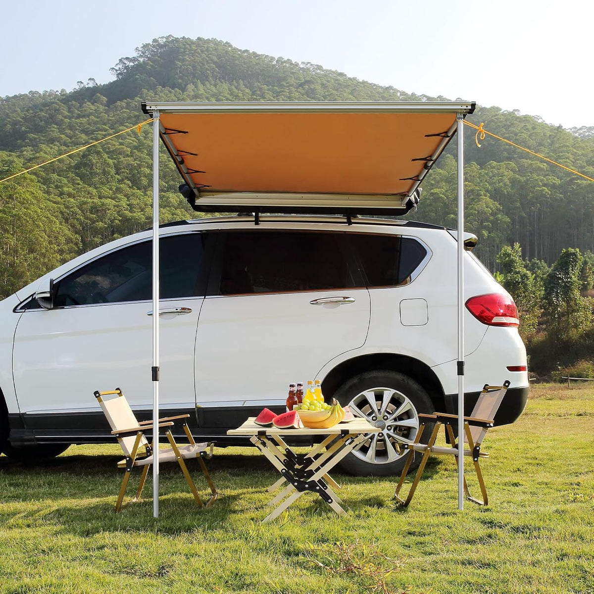 Vehicle Awning 4.6'X6.6' Roof Rack Pull-Out Sun Shade UV50+ Pu3000Mm, Retractable Weatherproof 4X4 Side Awning for SUV Outdoor Camping & Overland (Hardware Included), W/Waterproof Storage Bag
