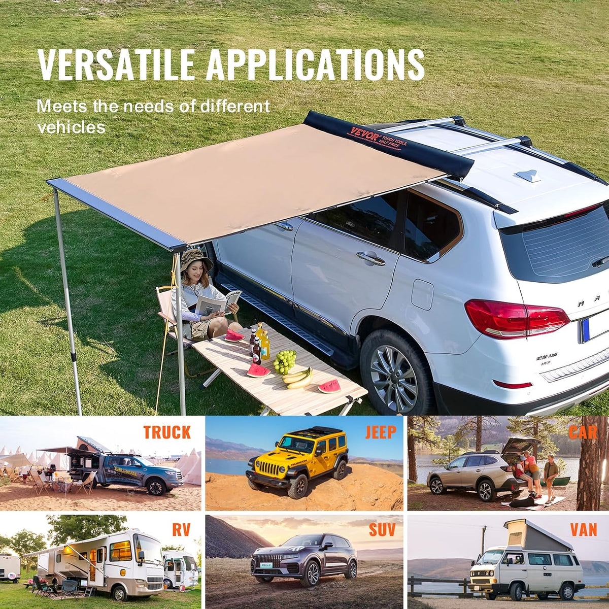 Vehicle Awning 4.6'X6.6' Roof Rack Pull-Out Sun Shade UV50+ Pu3000Mm, Retractable Weatherproof 4X4 Side Awning for SUV Outdoor Camping & Overland (Hardware Included), W/Waterproof Storage Bag
